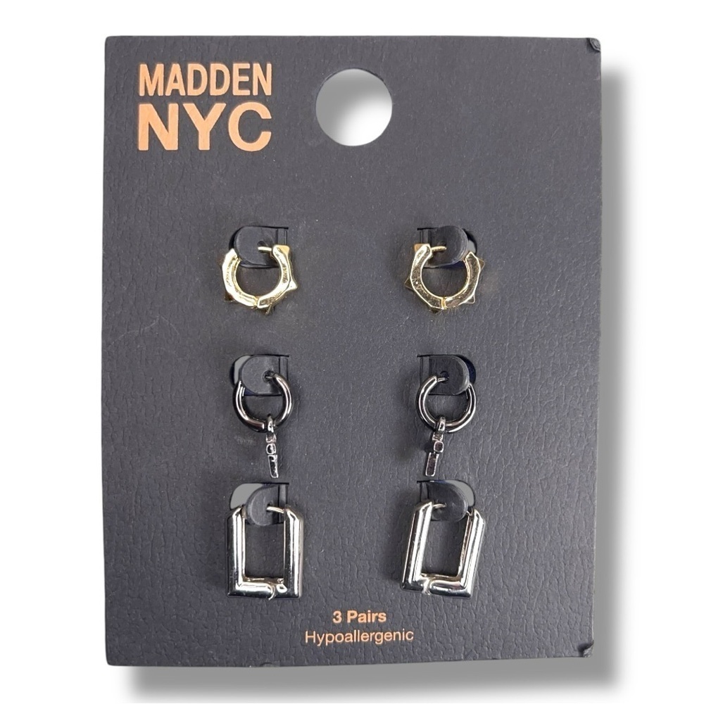 New Madden NYC Set Of 3 Earrings Goth Punk Chrome Gold Studded